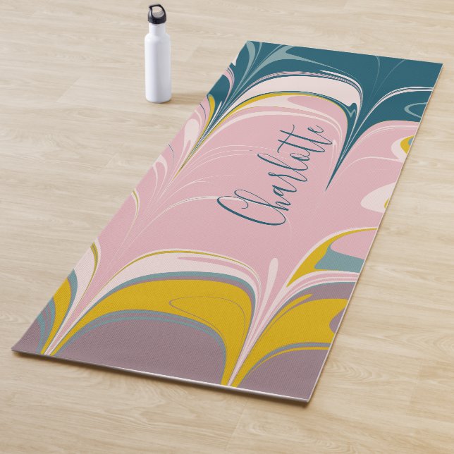 Abstract Marble Modern Ebru Pattern Teal and Pink Yoga Mat (In Situ)