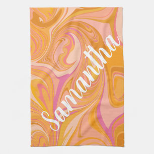 Abstract Marble Swirl Art in Yellow Tea Towel