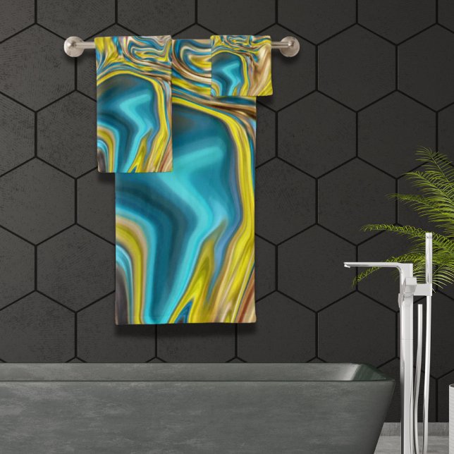 abstract marble swirls yellow teal turquoise blue bath towel set (abstract marble swirls yellow teal turquoise blue bath towel set)