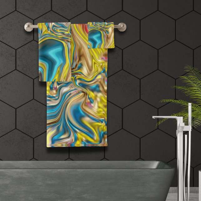 abstract marble swirls yellow teal turquoise blue bath towel set (abstract marble swirls yellow teal turquoise blue bath towel set)