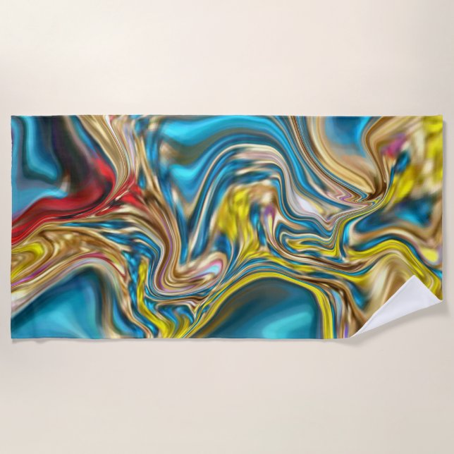 abstract marble swirls yellow teal turquoise blue beach towel (Front)