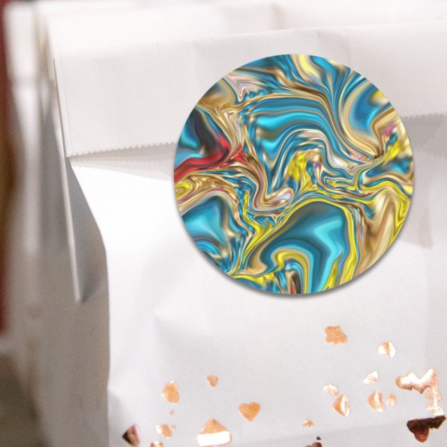 abstract marble swirls yellow teal turquoise blue classic round sticker (abstract marble swirls yellow teal turquoise blue classic round sticker)