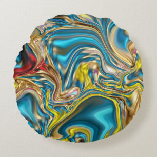 abstract marble swirls yellow teal turquoise blue round cushion
