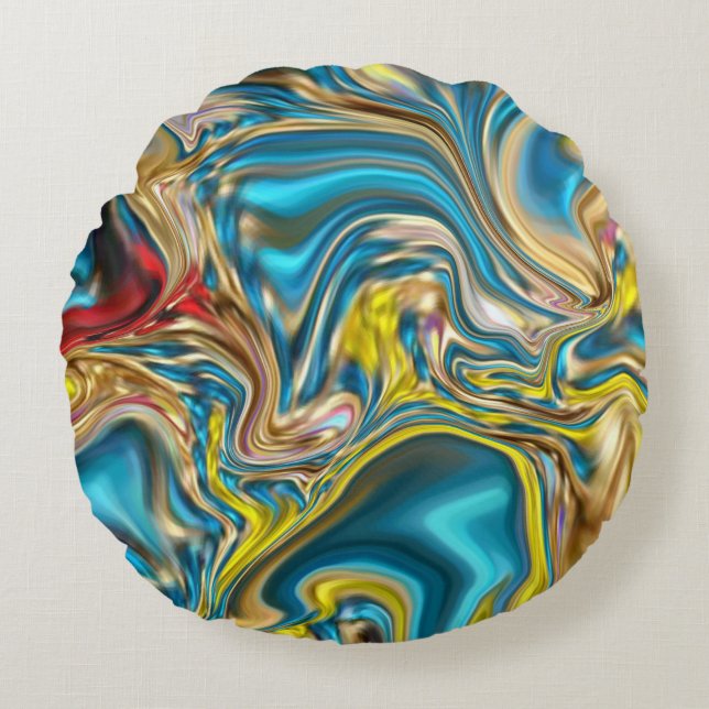 abstract marble swirls yellow teal turquoise blue round cushion (Front)