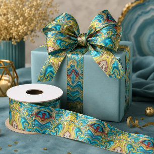 abstract marble swirls yellow teal turquoise blue satin ribbon