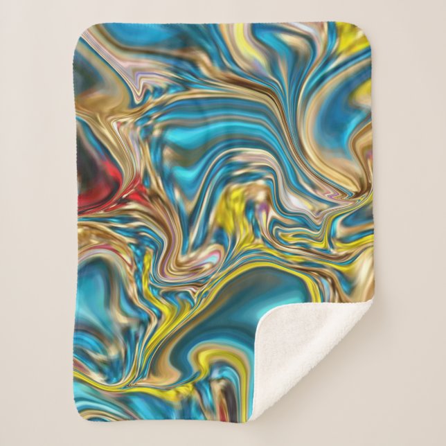 abstract marble swirls yellow teal turquoise blue sherpa blanket (Front)