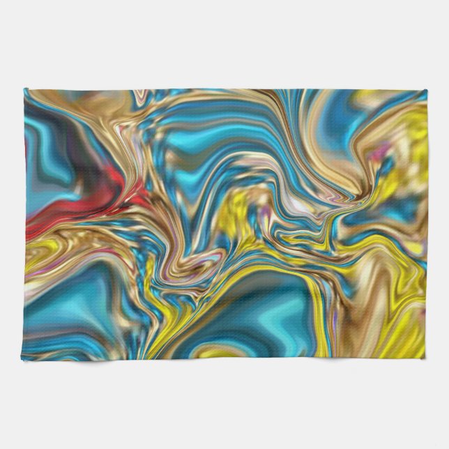 abstract marble swirls yellow teal turquoise blue tea towel (Horizontal)
