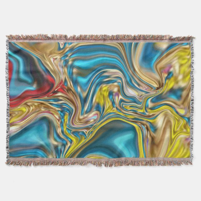 abstract marble swirls yellow teal turquoise blue throw blanket (Front)