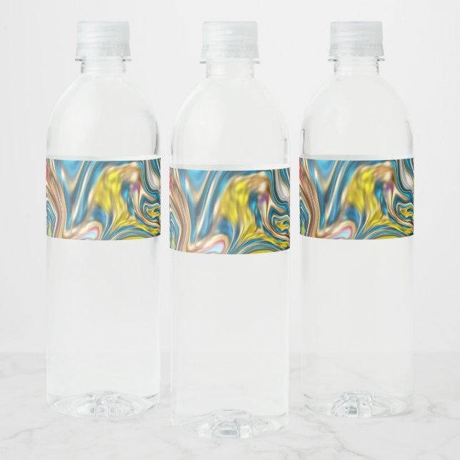 abstract marble swirls yellow teal turquoise blue water bottle label (Bottles)
