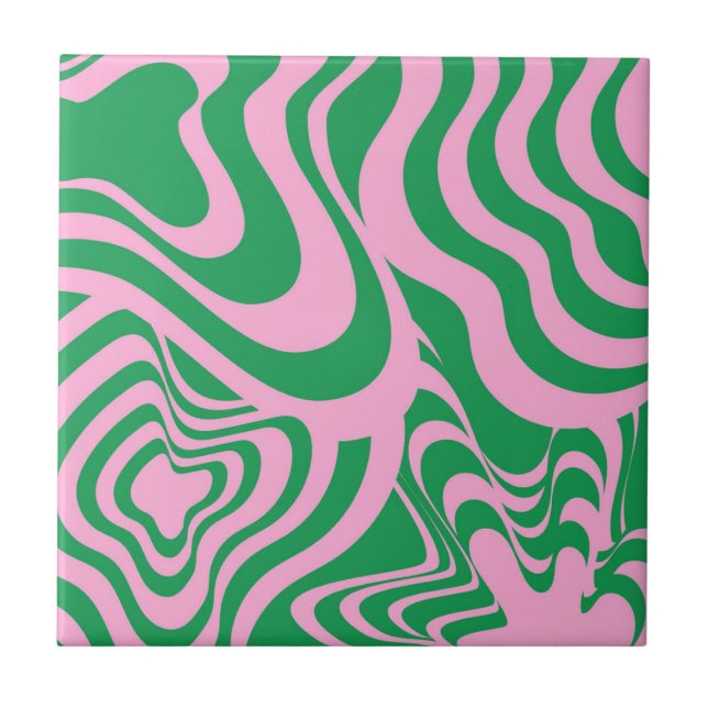 Abstract Marble Wavy Stripe Green Pink Retro Bold  Ceramic Tile (Front)