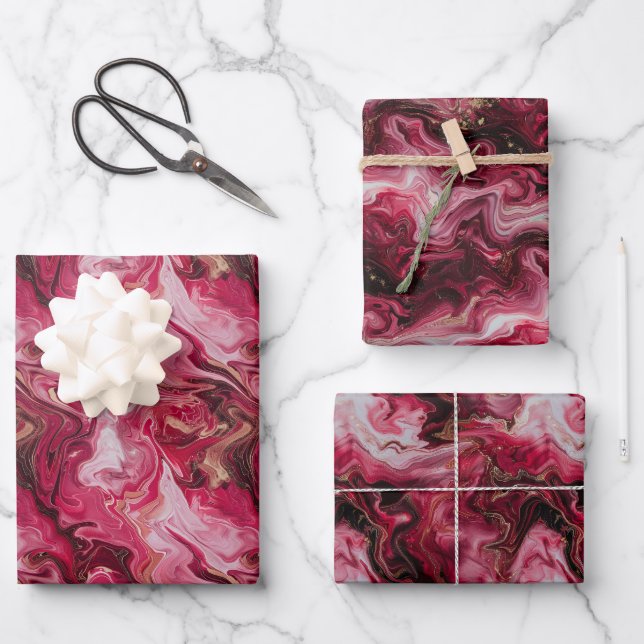 Abstract Marbled Artwork with Deep Red, Pink Wrapping Paper Sheet (Front)