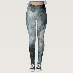 Abstract Marbled Paint Foggy Grey Blue Modern Art  Leggings