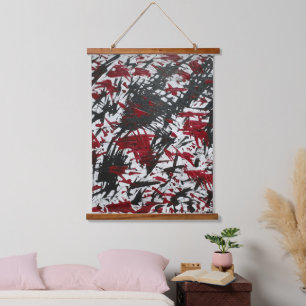 Abstract Marks in Black and Red Hanging Tapestry