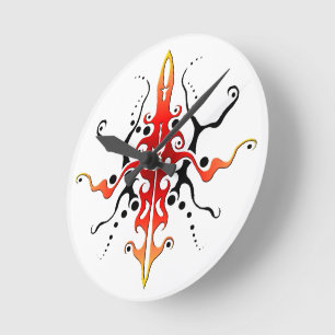 Abstract Mask Tribal Tattoo Design - red Round Clock