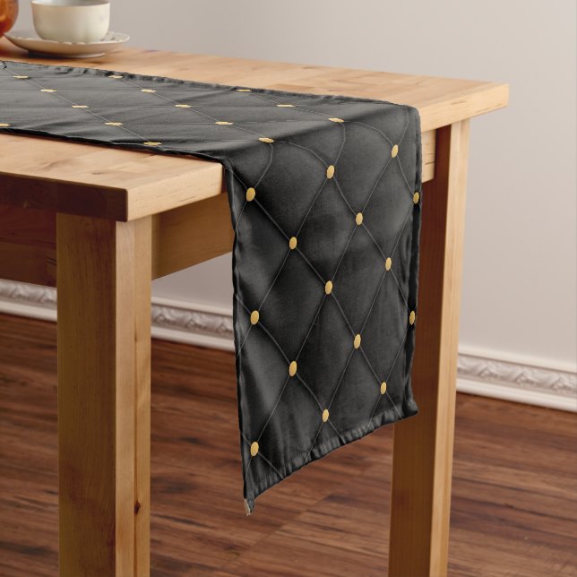 Abstract matte black square texture short table runner (In Situ)