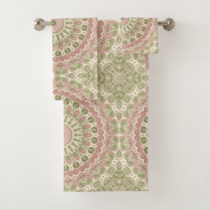 Abstract Medallion Design in Pink and Green Bath Towel Set