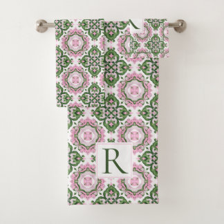 Abstract Mediterranean green pink pattern Bath Towel Set