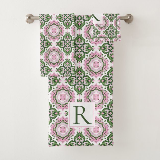 Abstract Mediterranean green pink pattern Bath Towel Set (Insitu)