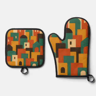 Abstract Mediterranean Village Geometric Oven Mitt & Pot Holder Set