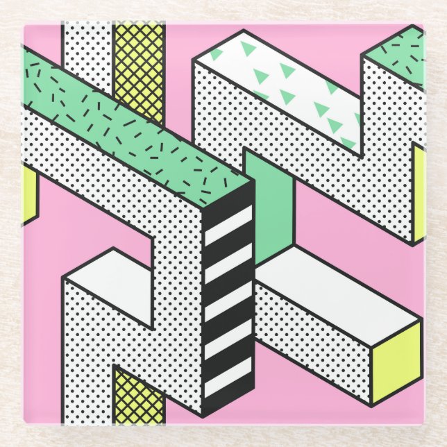 Abstract Memphis: 80s geometric shapes. Glass Coaster (Front)