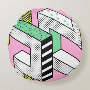 Abstract Memphis: 80s geometric shapes. Round Cushion