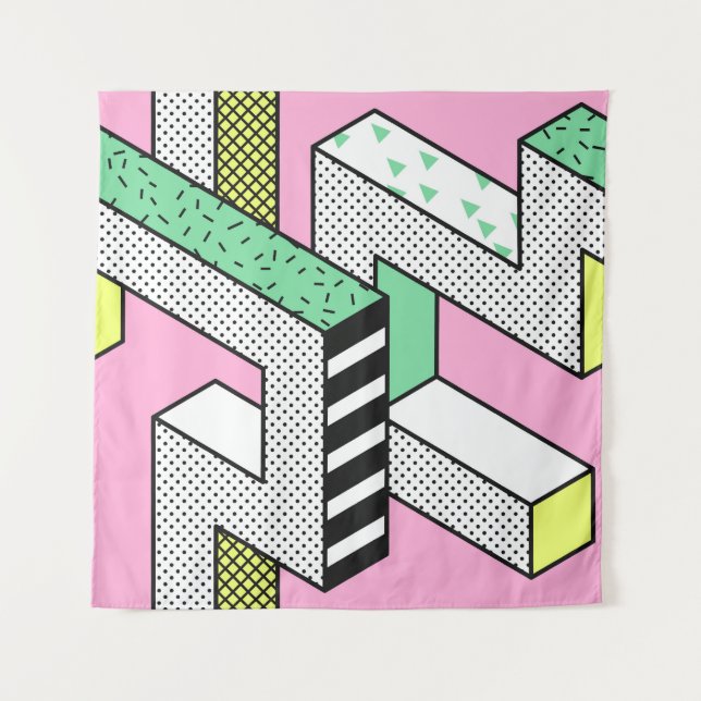 Abstract Memphis: 80s geometric shapes. Tapestry (Front)