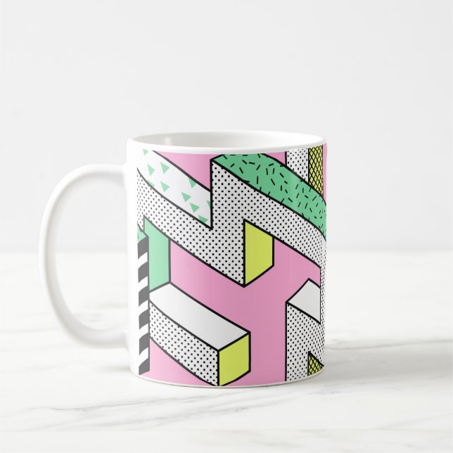 Abstract Memphis Seamless Patterns with 3d Geometr Coffee Mug (Left)