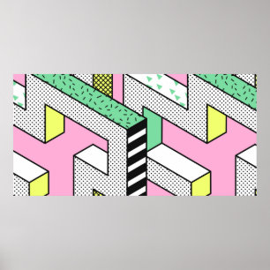 Abstract Memphis Seamless Patterns with 3d Geometr Poster