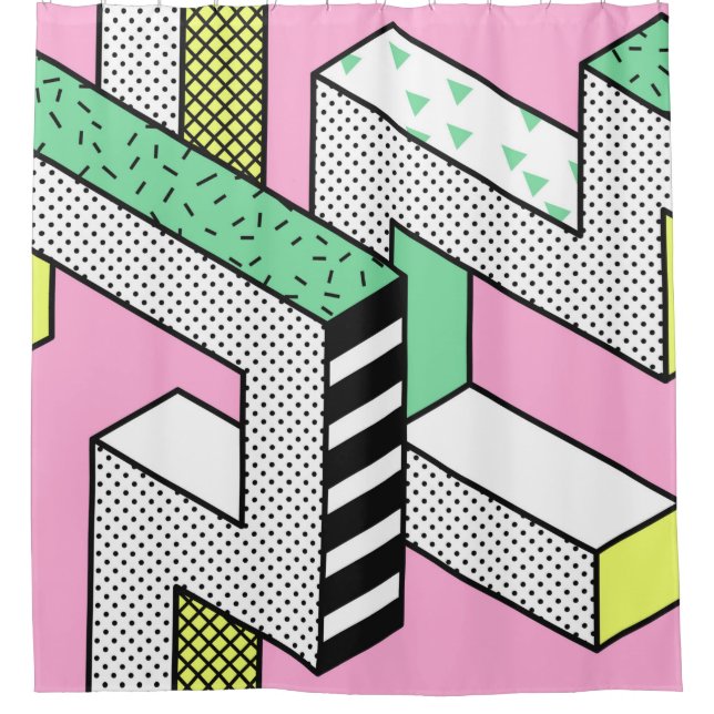 Abstract Memphis Seamless Patterns with 3d Geometr Shower Curtain (Front)