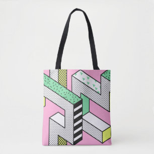 Abstract Memphis Seamless Patterns with 3d Geometr Tote Bag
