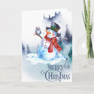 Abstract Merry Christmas Snowman Winter Scene Holiday Card