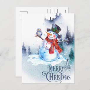 Abstract Merry Christmas Snowman Winter Scene Holiday Postcard