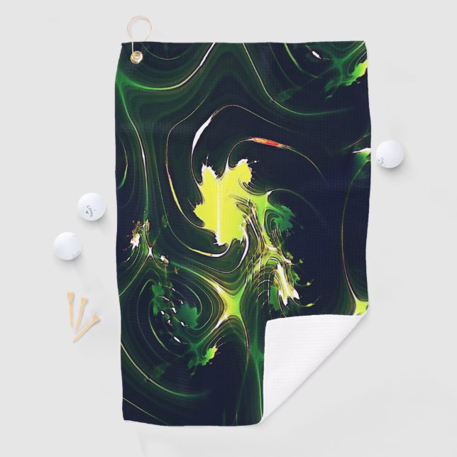 Abstract metallic leaf with flashy traces, on dark golf towel (InSitu)