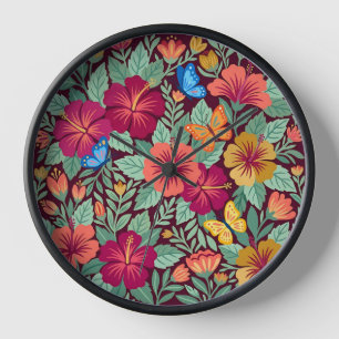 Abstract Mexican Hibiscus Butterflies Art Clocks