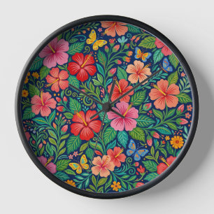 Abstract Mexican Hibiscus Butterflies Art Clocks