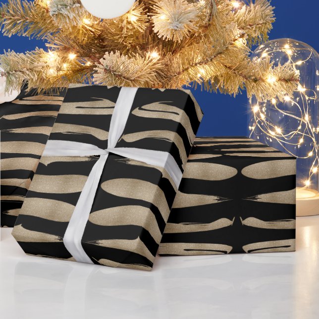 abstract minimalist chic black gold brush stroke wrapping paper (Holidays)
