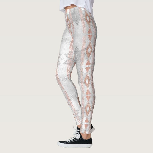 abstract minimalist rose gold aztec white marble leggings (Left)