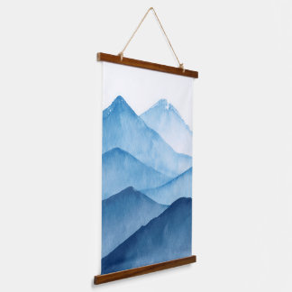 Abstract minimalistic watercolor blue mountains hanging tapestry