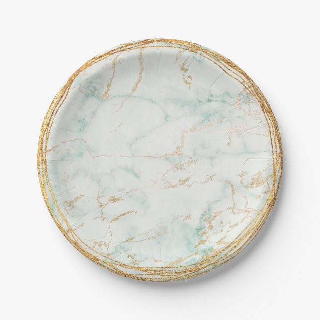 Abstract Mint Green Marble Glam Golden Vip Paper Plate (Front)