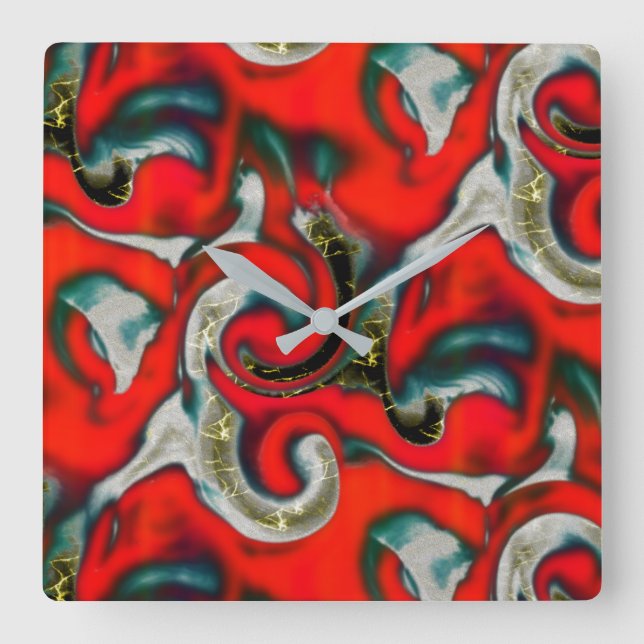 Abstract mix of red gradient stain and rough grey square wall clock (Front)