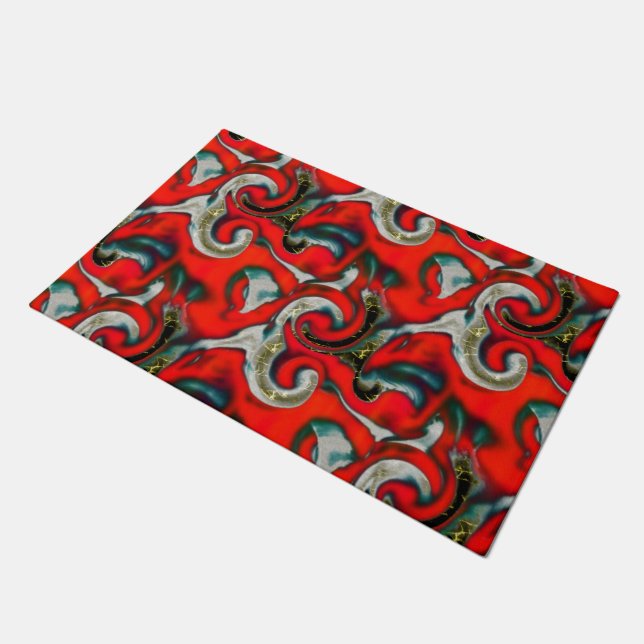 Abstract mix of red gradient stain over sandy grey doormat (Angled)