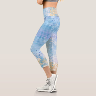 Abstract Mixed Media Blue Turquoise Yellow Capri Leggings