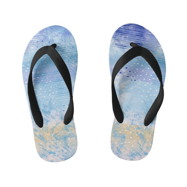 Abstract Mixed Media Blue Turquoise Yellow Kid's Thongs (Footbed)