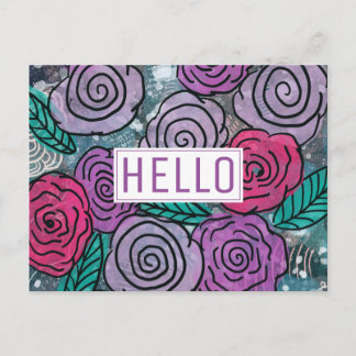 Abstract Mixed Media Floral Hello Postcard