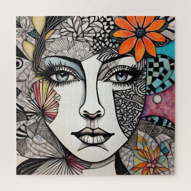 Abstract Mixed Media Womans Face Jigsaw Puzzle (Vertical)