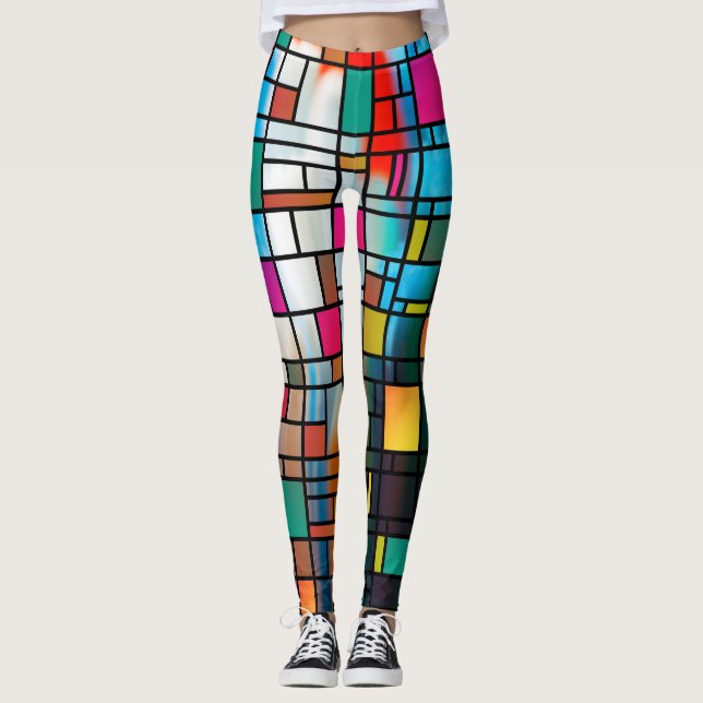 Abstract Modern Art Grid Pattern Leggings (Front)