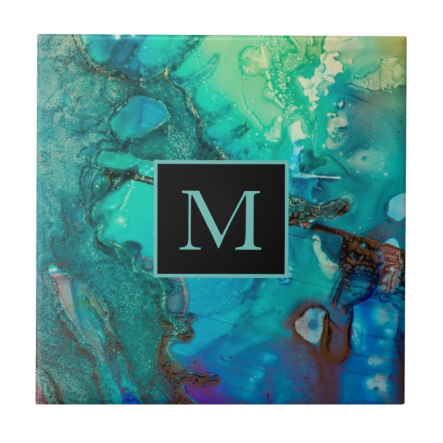 Abstract Modern Art Monogram Blues Greens Ceramic Tile (Front)
