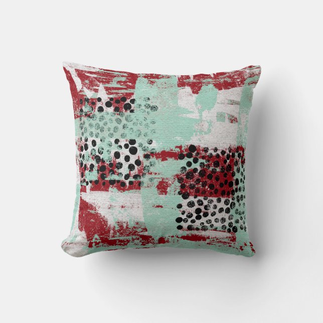 Abstract Modern Art Throw Pillow Red Mint Green (Front)