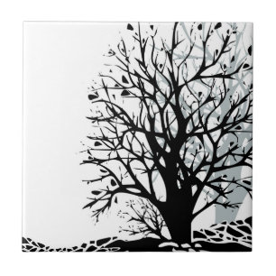 Abstract modern black tree silhouette shadow white ceramic tile