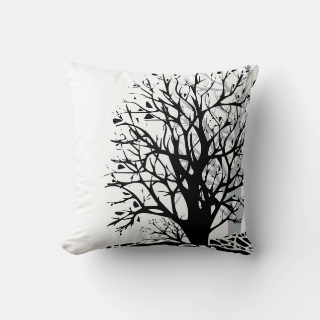Abstract modern black tree silhouette shadow white cushion (Front)